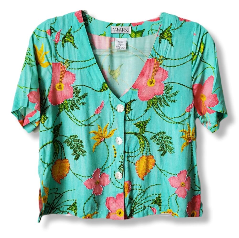 VTG 90s Women Bead Floral Camp Shirt S Hibiscus Tropical Classic Summer Colorful